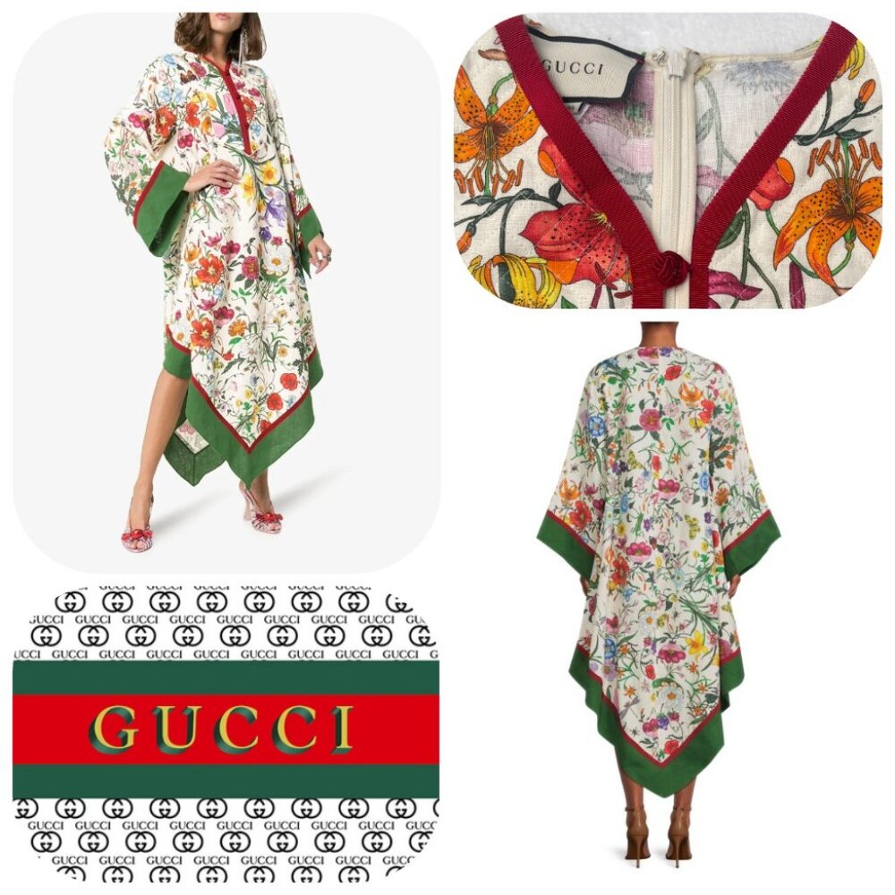 Authentic Gucci Ivory Grosgrain-trimmed paneled asymmetric floral Kaftan Dress